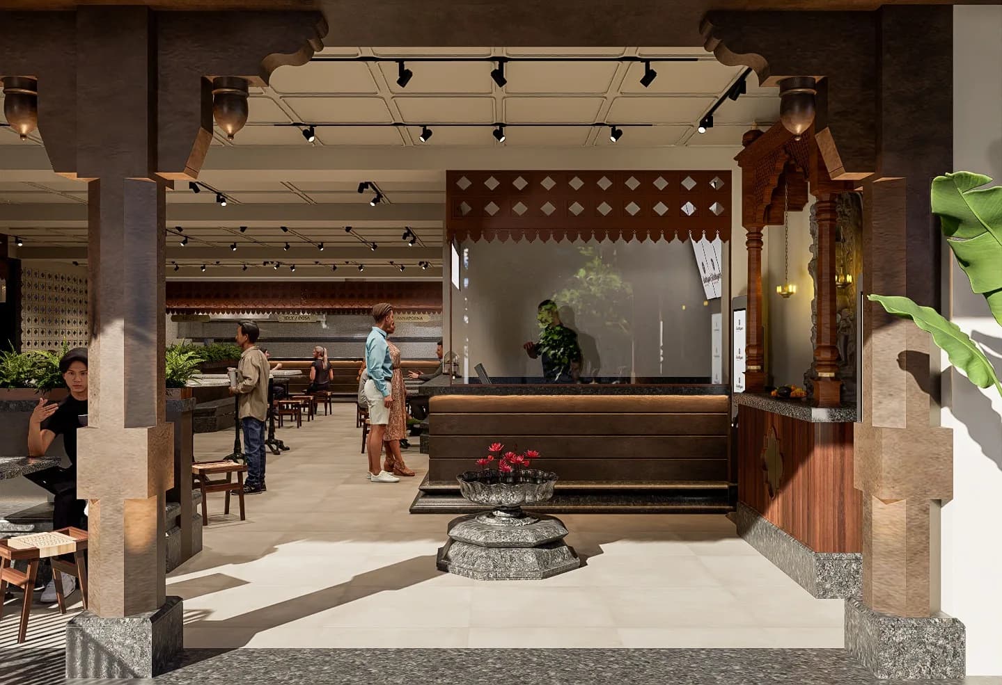The entrance, looking in past stone columns and hanging brass lamps to the host desk and the lotus water bowl